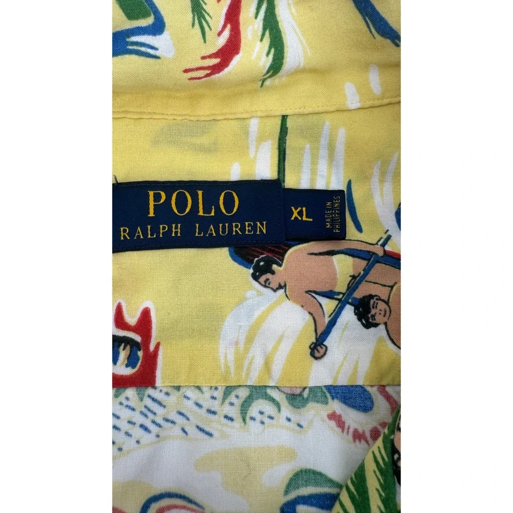 Polo Ralph Lauren Hula Girl Hawaiian Shirt Mens XL Yellow Viscose Tropical Camp